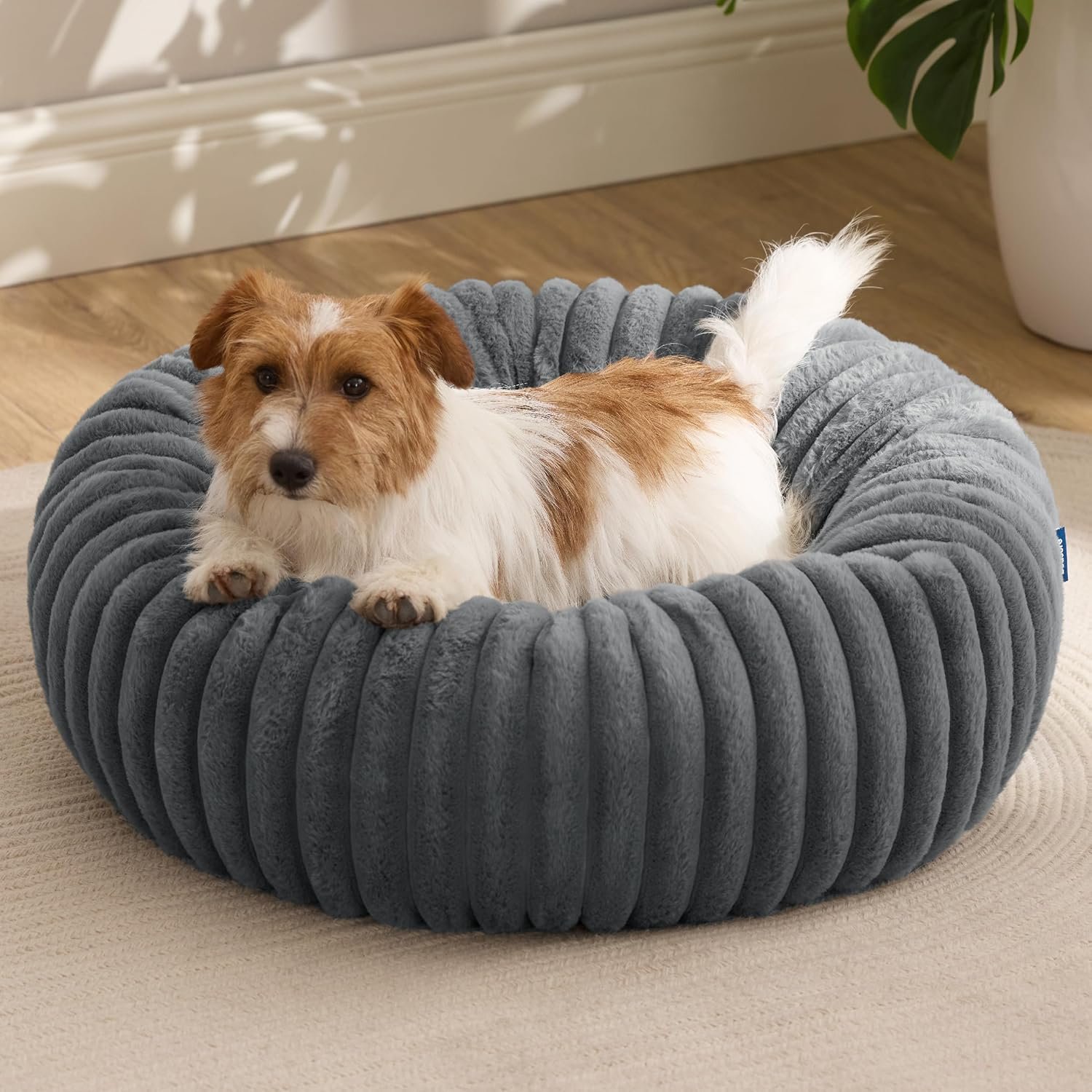 Donut Small Dog Bed - Dog Beds for Small Dogs with Corduroy Fleece & Anti Slip Bottom, Round Faux Fur Pet Beds with Washable Removable Cover, Warm Grey, 27x27x8 inches