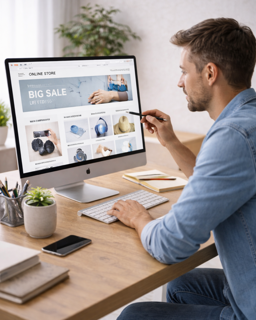 web designer, ecommerce website, website design, ecommerce design, web development, online store design, website layout, ecommerce developer, digital design, ui design, ux design, web design workspace, website planning, digital workspace, modern office workspace, creative professional, website mockup, digital business, web design process, tech workspace, user interface design, generated